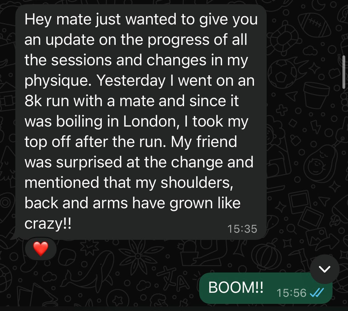 Client message: shoulders, back and arms have grown