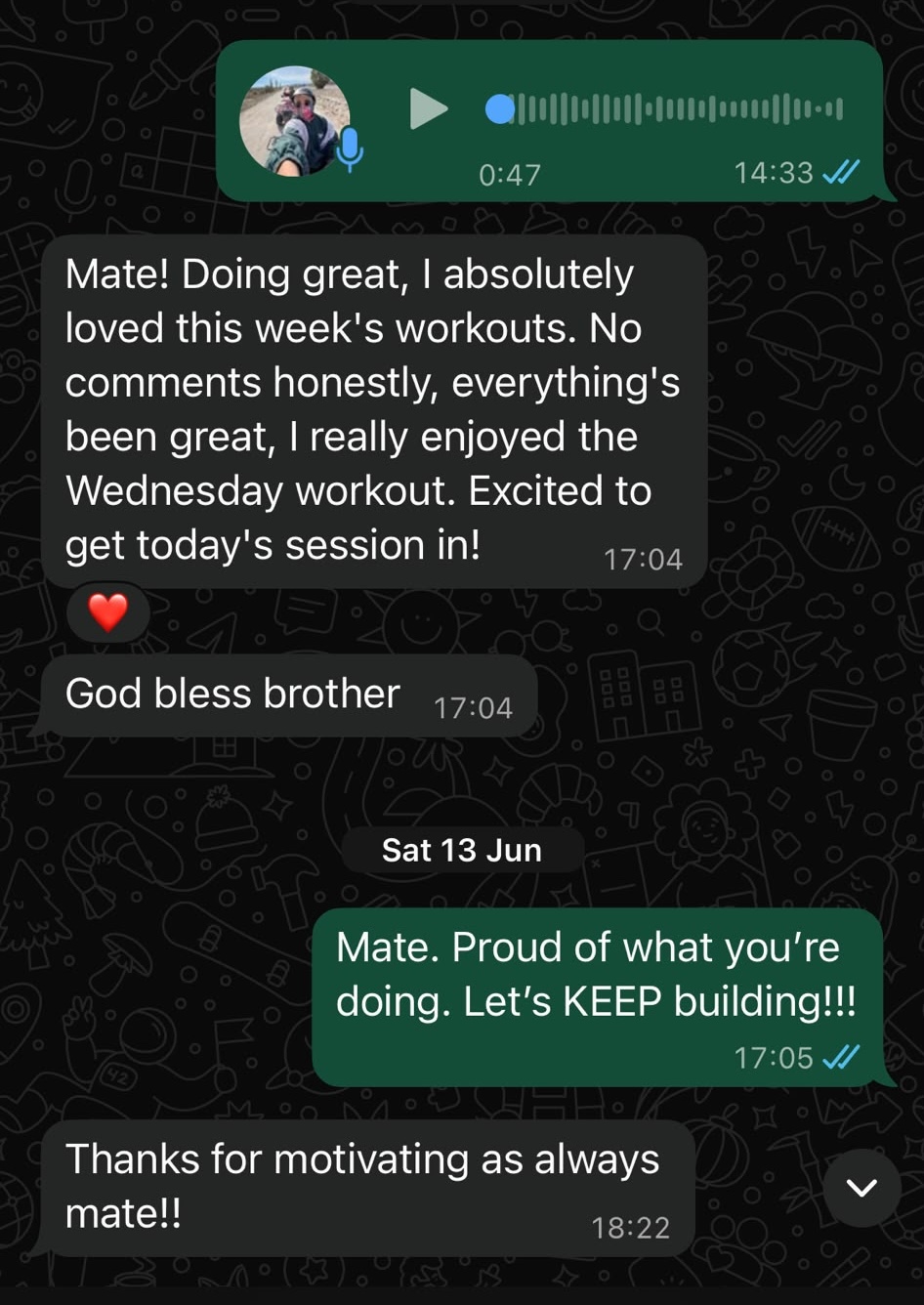 Client message: loved this week's workouts